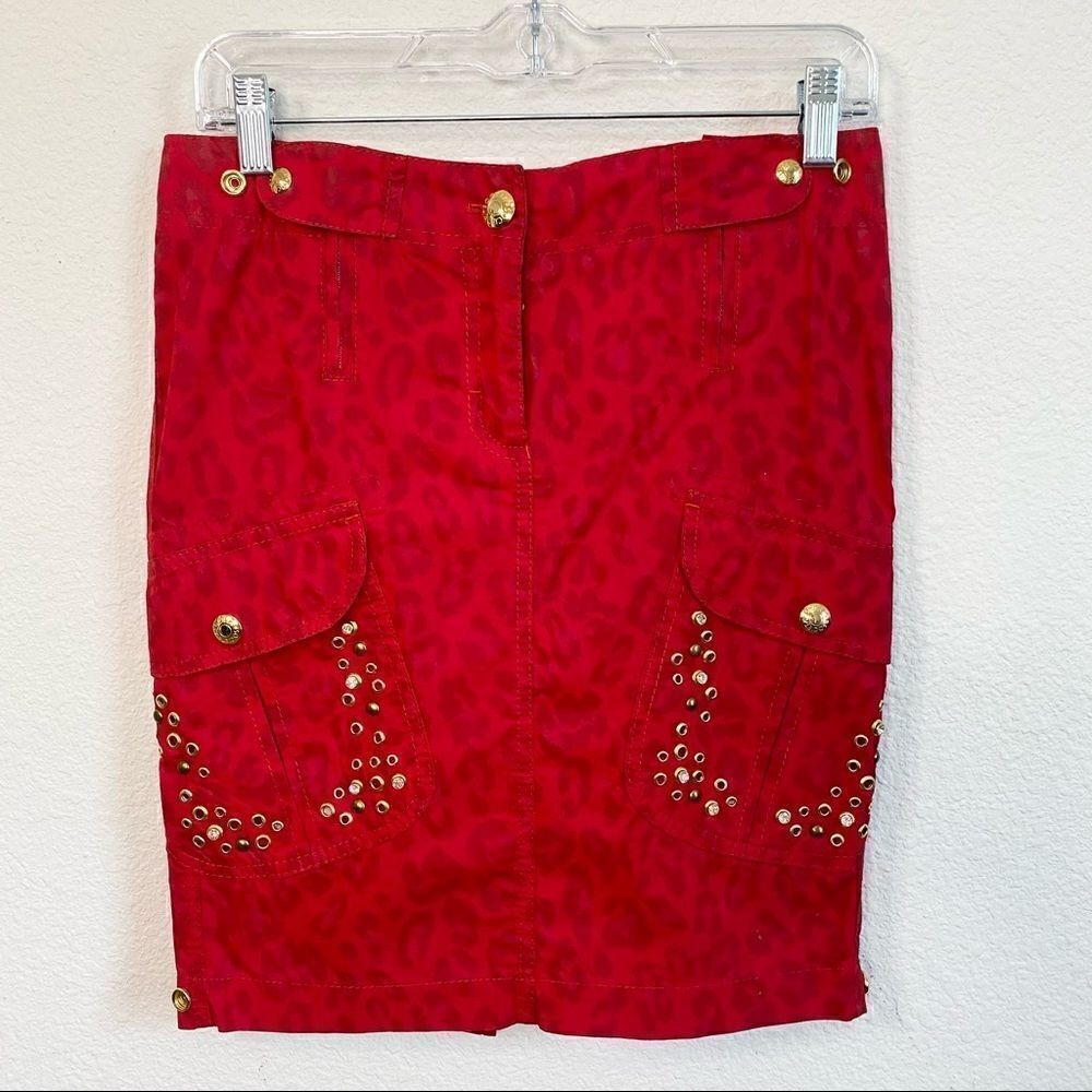 SOCIETA Italian Pencil Skirt Women's 40 US 4 Red Leopard Bling Animal Print